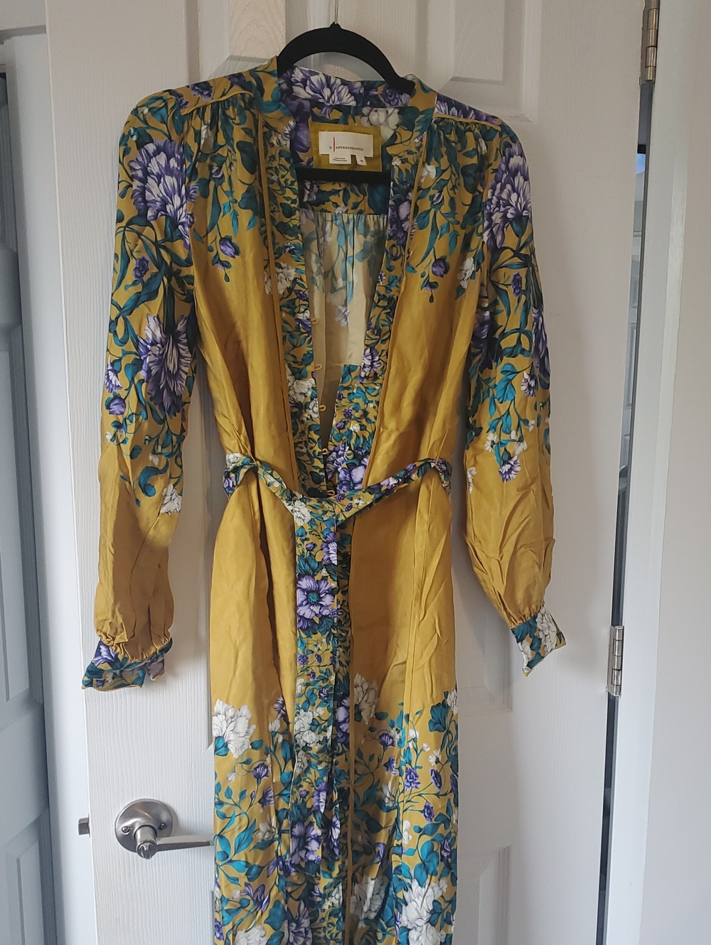 Anthropologie Mustard Floral Long Sleeve Tie-Waist Maxi Dress
